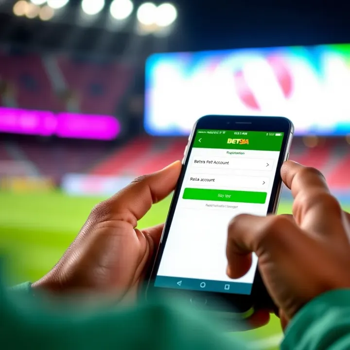 User interacting with a mobile phone displaying the Bet9ja registration interface