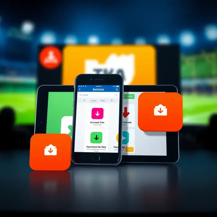 Illustration of a smartphone and tablet with download icons indicating installation of the Bet9ja Aviator app
