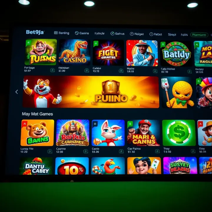 Interface showing a variety of casino games available on Bet9ja platform
