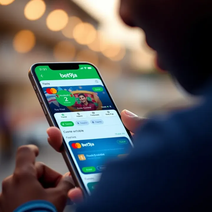 Mobile device displaying Bet9ja casino app with secure payment options