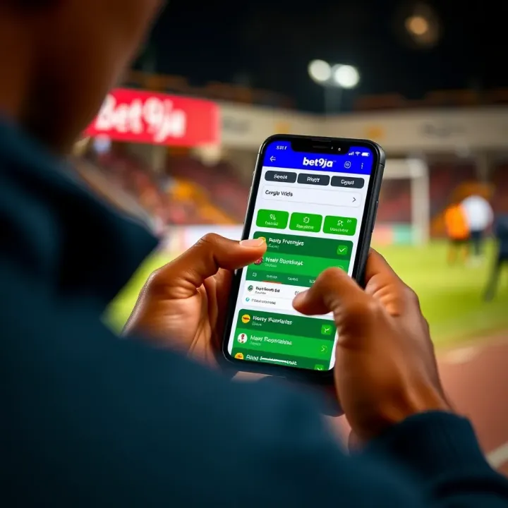 User interacting with Bet9ja online platform on a smartphone highlighting convenient betting options and secure payment methods