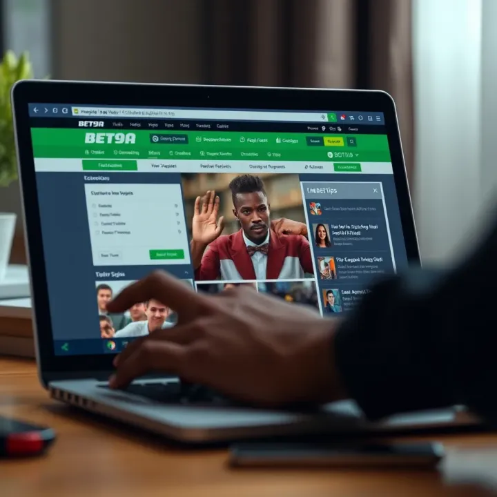 Downloading Bet9ja on PC with System Requirements and Safety Guidelines User navigating the Bet9ja website on a laptop with icons indicating system requirements and safety tips