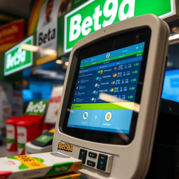 Close-up of a digital betting terminal inside My Bet9ja Shop displaying betting options and odds