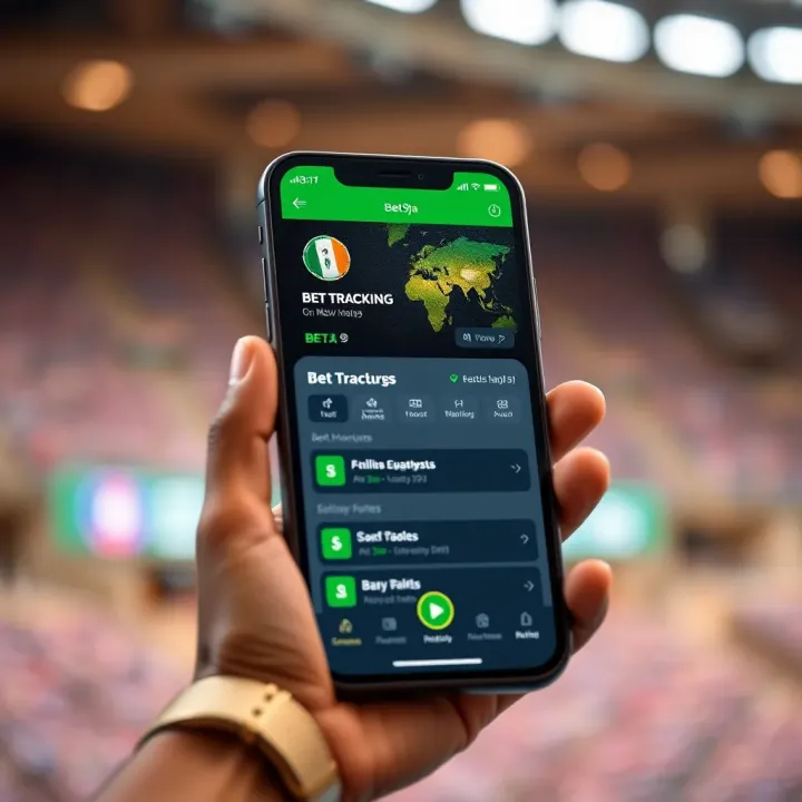 Mobile phone screen displaying Bet9ja app with bet tracking and history features