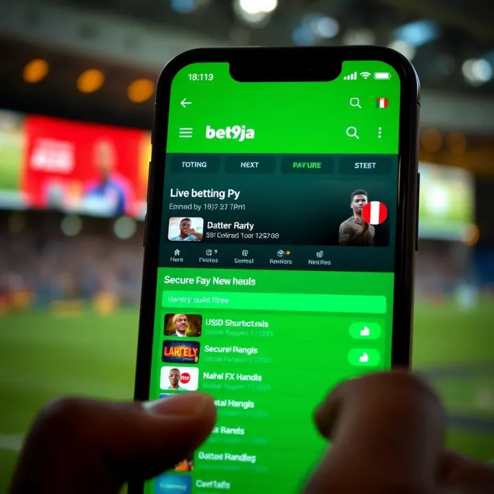 User interface of Bet9ja app displaying live betting options and secure payment methods