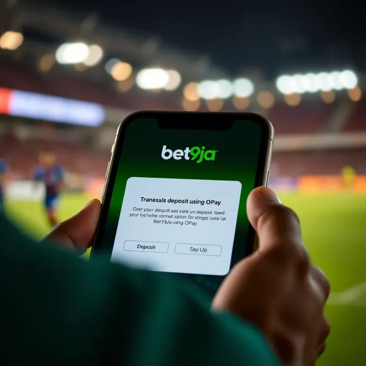 Close-up of a smartphone showing successful transaction notification for Bet9ja deposit using OPay