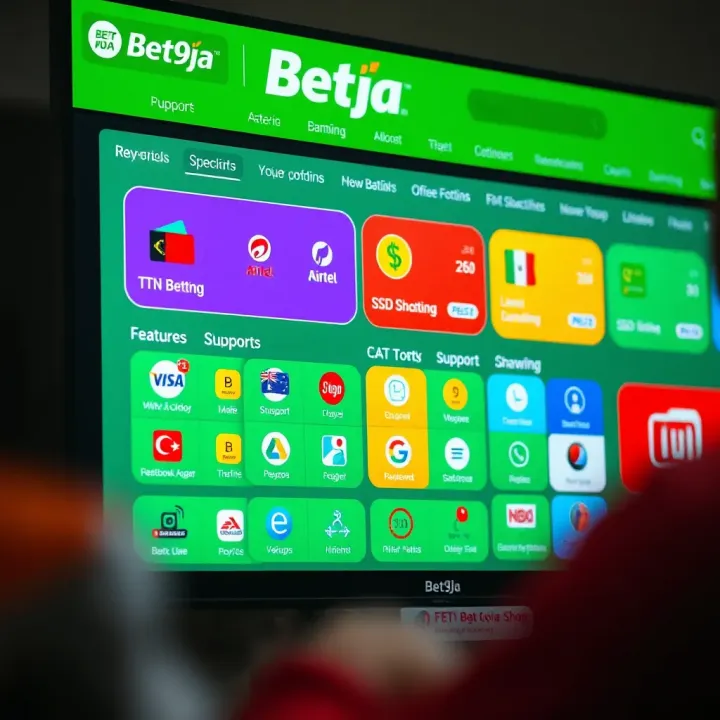 Various betting options displayed on a colorful Bet9ja Home Shop platform with payment and support icons