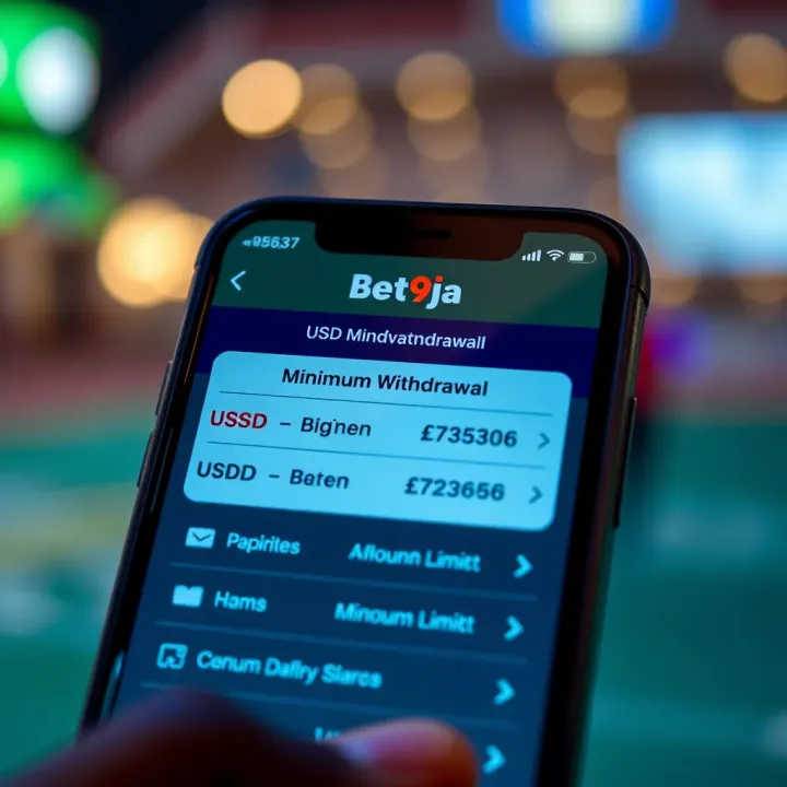 Mobile phone displaying Bet9ja USSD withdrawal menu with highlighted minimum withdrawal amount
