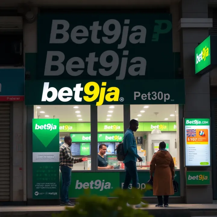 Exterior view of a popular Bet9ja Shop with clear signage and customers engaging at the counter